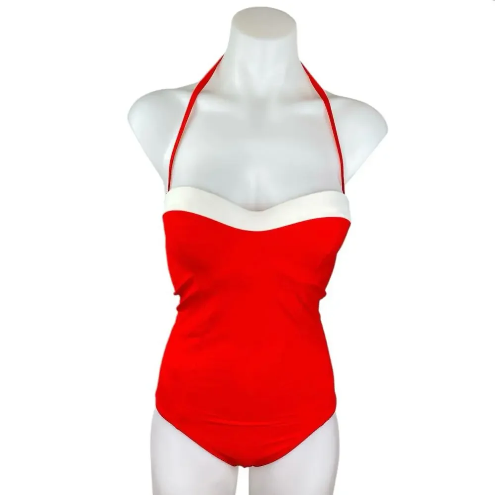 Tory Burch Red Halter Sleeveless Sweetheart One Piece Swimsuit Swimwear Size S